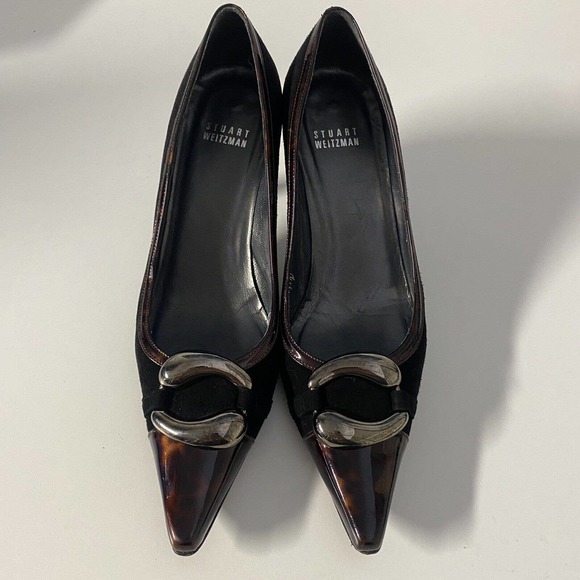 Stuart Weitzman Pump Black Suede Tortoise Shell Patent Trim Cap Point To… - Picture 5 of 10